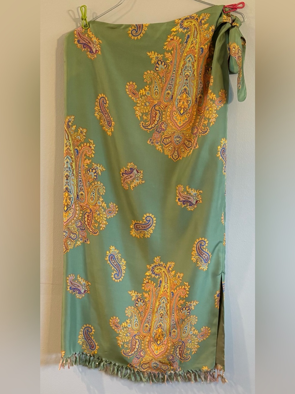 Harold’s Colorful Green Silk Paisley Faux Wrap Skirt Size 8